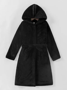 Boys' Plush Black Solid Color Minimalist Long Sleeve Hoodie Tie-Front Robe Loungewear, Fall Autumn/Winter Fleece Lined Soft Cozy Cute Nightwear Gift - Black - View 1