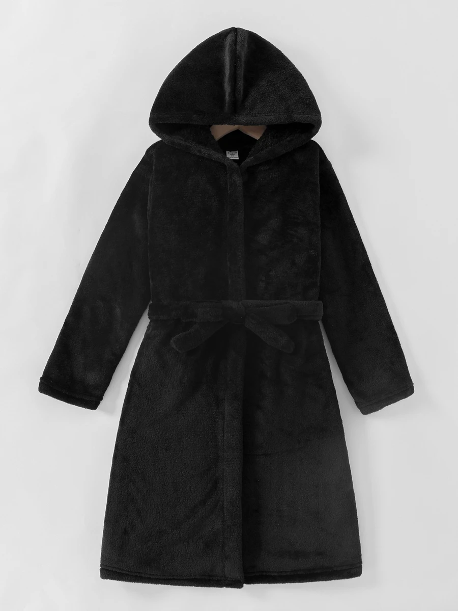Boys' Plush Black Solid Color Minimalist Long Sleeve Hoodie Tie-Front Robe Loungewear, Fall Autumn/Winter Fleece Lined Soft Cozy Cute Nightwear Gift - Black - View 1