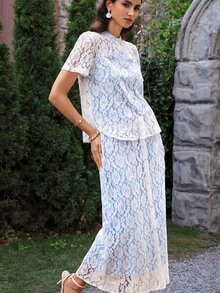 VOLUPTÉ CURVE Women's Spring/Summer White Floral Two Pieces Set Lace Short Sleeve Top Long Skirt, Elegant Romantic Casual Vacation Business Wedding Guest Outfit - Blue and White - View 6