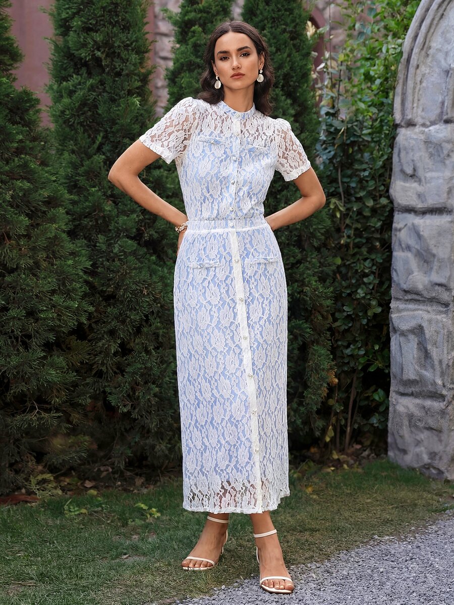 VOLUPTÉ CURVE Women's Spring/Summer White Floral Two Pieces Set Lace Short Sleeve Top Long Skirt, Elegant Romantic Casual Vacation Business Wedding Guest Outfit