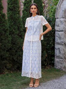VOLUPTÉ CURVE Women's Spring/Summer White Floral Two Pieces Set Lace Short Sleeve Top Long Skirt, Elegant Romantic Casual Vacation Business Wedding Guest Outfit - Blue and White - View 8