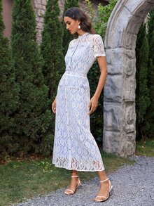 VOLUPTÉ CURVE Women's Spring/Summer White Floral Two Pieces Set Lace Short Sleeve Top Long Skirt, Elegant Romantic Casual Vacation Business Wedding Guest Outfit - Blue and White - View 7