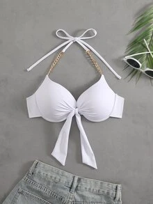 SHEIN Swim 女款素色掛脖式泳裝白色比基尼上衣 - 鋼圈支撐，性感適合夏季海灘度假 - 白色 - 查看 3