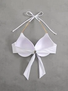 SHEIN Swim 女款素色掛脖式泳裝白色比基尼上衣 - 鋼圈支撐，性感適合夏季海灘度假 - 白色 - 查看 2