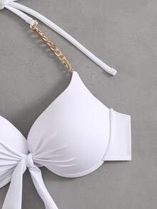 SHEIN Swim 女款素色掛脖式泳裝白色比基尼上衣 - 鋼圈支撐，性感適合夏季海灘度假 - 白色 - 查看 4