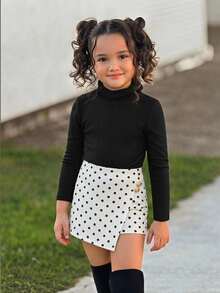 Emery Rose Kids Emery Rose Kids 女童休閒日常通勤時尚學院風黑色修身長袖小高領上衣與波點裙套裝 - 黑與白 - 查看 8