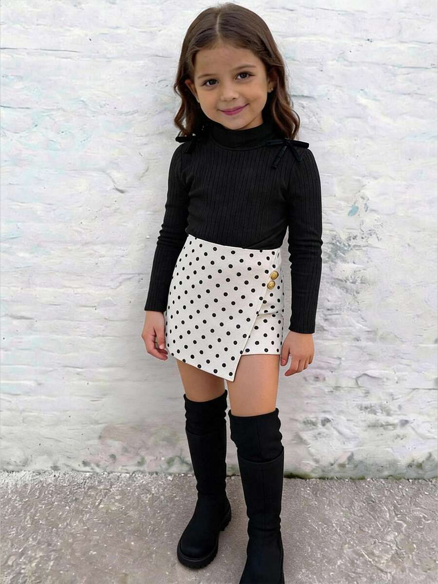 Emery Rose Kids Emery Rose Kids 女童休閒日常通勤時尚學院風黑色修身長袖小高領上衣與波點裙套裝 - 黑與白 - 查看 1