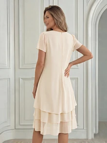 Medorina Middle-Aged Women Solid Color Pleated Petal Short Sleeve Dress Mother Of The Bride Granny - Apricot - View 2