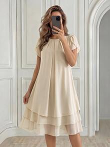 Medorina Middle-Aged Women Solid Color Pleated Petal Short Sleeve Dress Mother Of The Bride Granny - Apricot - View 5