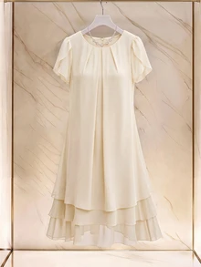 Medorina Middle-Aged Women Solid Color Pleated Petal Short Sleeve Dress Mother Of The Bride Granny - Apricot - View 7