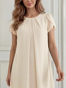 Medorina Middle-Aged Women Solid Color Pleated Petal Short Sleeve Dress Mother Of The Bride Granny - Apricot - View 4