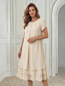 Medorina Middle-Aged Women Solid Color Pleated Petal Short Sleeve Dress Mother Of The Bride Granny - Apricot - View 3