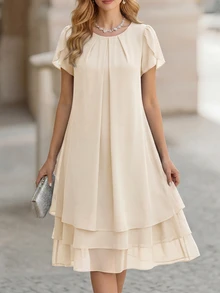 Medorina Middle-Aged Women Solid Color Pleated Petal Short Sleeve Dress Mother Of The Bride Granny - Apricot - View 1