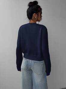 SHEIN Tall CURVE Plus Size Women's Solid Color Casual Versatile Daily Long Sleeve Cardigan - Navy Blue - View 2