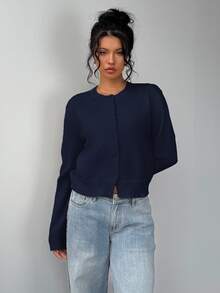 SHEIN Tall CURVE Plus Size Women's Solid Color Casual Versatile Daily Long Sleeve Cardigan - Navy Blue - View 3