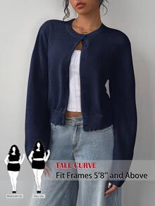 SHEIN Tall CURVE Plus Size Women's Solid Color Casual Versatile Daily Long Sleeve Cardigan - Navy Blue - View 1