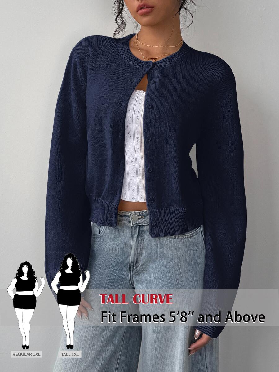SHEIN Tall CURVE Plus Size Women's Solid Color Casual Versatile Daily Long Sleeve Cardigan - Navy Blue - View 1