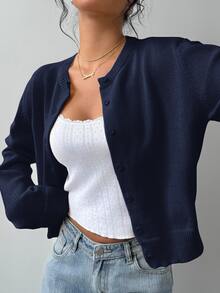 SHEIN Tall CURVE Plus Size Women's Solid Color Casual Versatile Daily Long Sleeve Cardigan - Navy Blue - View 6