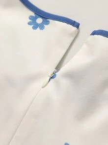 SHEIN Essnce 花卉印花荷葉袖蝴蝶結前襟洋裝 - 藍白色 - 查看 5