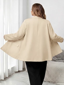 SHEIN CURVE+ 大尺碼女款純色翻領長袖單排扣休閒西裝外套 - 杏色 - 查看 2