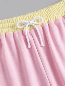 SHEIN 青少年女孩春夏時尚針織羅紋黑白對比色休閒修身基礎T恤與對比腰帶鬆身長褲口袋套裝，織標貼布，休閒運動街頭風，大學運動、返校、足球、戶外舒適穿搭 - 彩色 - 查看 6