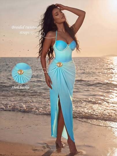 Swim SXY Women's Sexy Tropical Tight-Fitting Elegant Beach Party Vacation Mesh Skirt, Graceful 2 Pieces Swimsuit For Summer Vacation Mint Blue