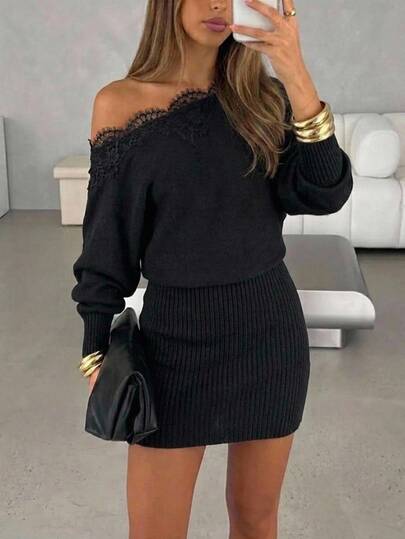 Aloruh Black Knitted Dress With Lace Patchwork, Sexy Elegant Asymmetrical Shoulder Design Night Out Going Out Night Out Autumn Knit Sweater Black Dress