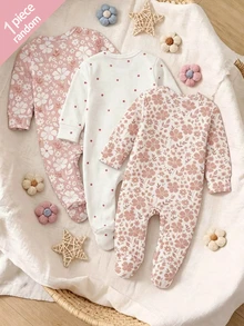 SHEIN 1pc Newborn 0-12 Months Home Romper, Forest Style Ditsy Floral, Fresh Ins Style, Long Sleeve Footed, Snap Button Design, Easy To Put On And Take Off, Home Casual, Daily Outings, Spring/Summer, All Season - Multicolor - View 2