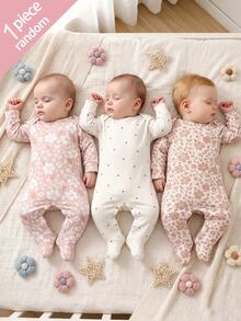 SHEIN 1pc Newborn 0-12 Months Home Romper, Forest Style Ditsy Floral, Fresh Ins Style, Long Sleeve Footed, Snap Button Design, Easy To Put On And Take Off, Home Casual, Daily Outings, Spring/Summer, All Season - Multicolor - View 3