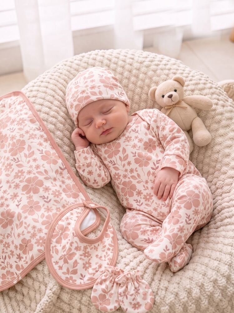SHEIN 1pc Newborn 0-12 Months Home Romper, Forest Style Ditsy Floral, Fresh Ins Style, Long Sleeve Footed, Snap Button Design, Easy To Put On And Take Off, Home Casual, Daily Outings, Spring/Summer, All Season - Multicolor - View 5