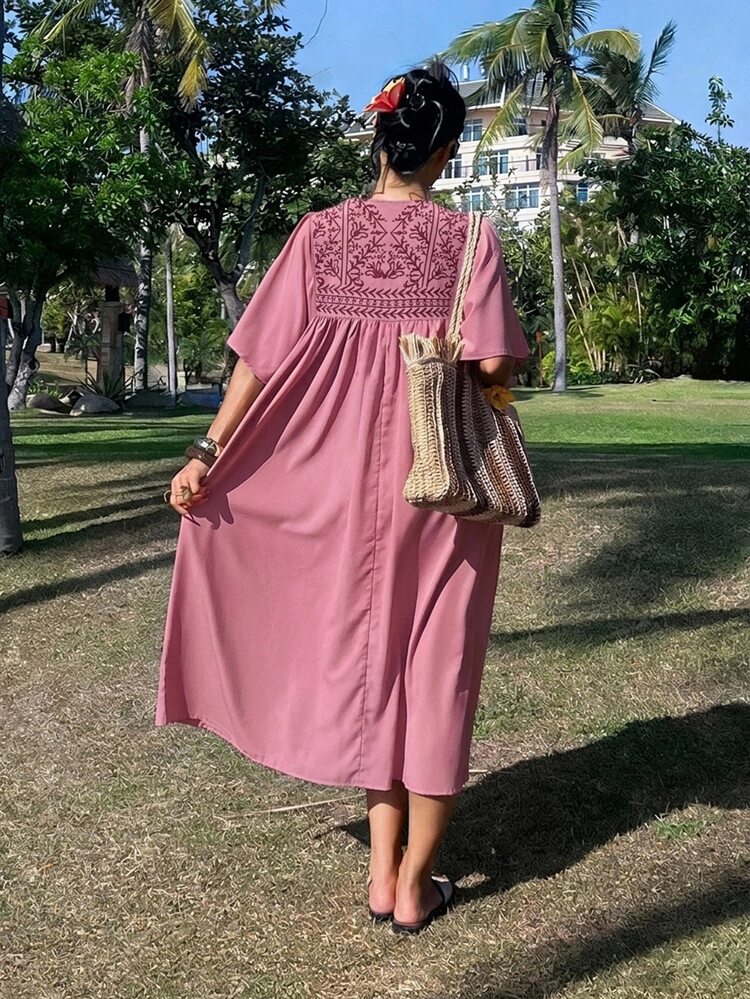 DAZY 女士优雅拼接系腰荷叶袖长连衣裙，春夏波西米亚风度假装 - 粉色 - 查看 5