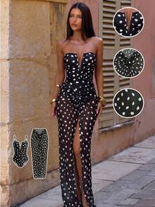 Bonvoyette Traje de baño de una pieza con estampado de lunares, escote en V profundo y plisado, con falda de malla, estilo de vacaciones de playa de verano 2026 para mujer - Blanco y Negro - Ver 3