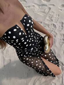 Bonvoyette Traje de baño de una pieza con estampado de lunares, escote en V profundo y plisado, con falda de malla, estilo de vacaciones de playa de verano 2026 para mujer - Blanco y Negro - Ver 5