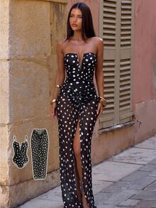 Bonvoyette Traje de baño de una pieza con estampado de lunares, escote en V profundo y plisado, con falda de malla, estilo de vacaciones de playa de verano 2026 para mujer - Blanco y Negro - Ver 1