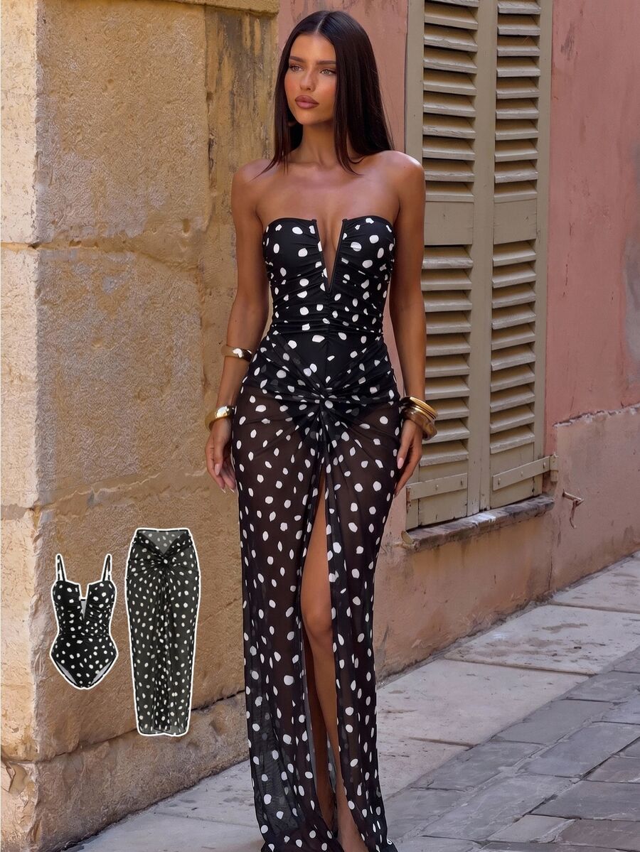Bonvoyette Traje de baño de una pieza con estampado de lunares, escote en V profundo y plisado, con falda de malla, estilo de vacaciones de playa de verano 2026 para mujer - Blanco y Negro - Ver 1