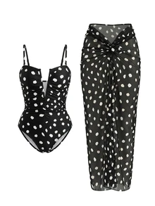 Bonvoyette Traje de baño de una pieza con estampado de lunares, escote en V profundo y plisado, con falda de malla, estilo de vacaciones de playa de verano 2026 para mujer - Blanco y Negro - Ver 6