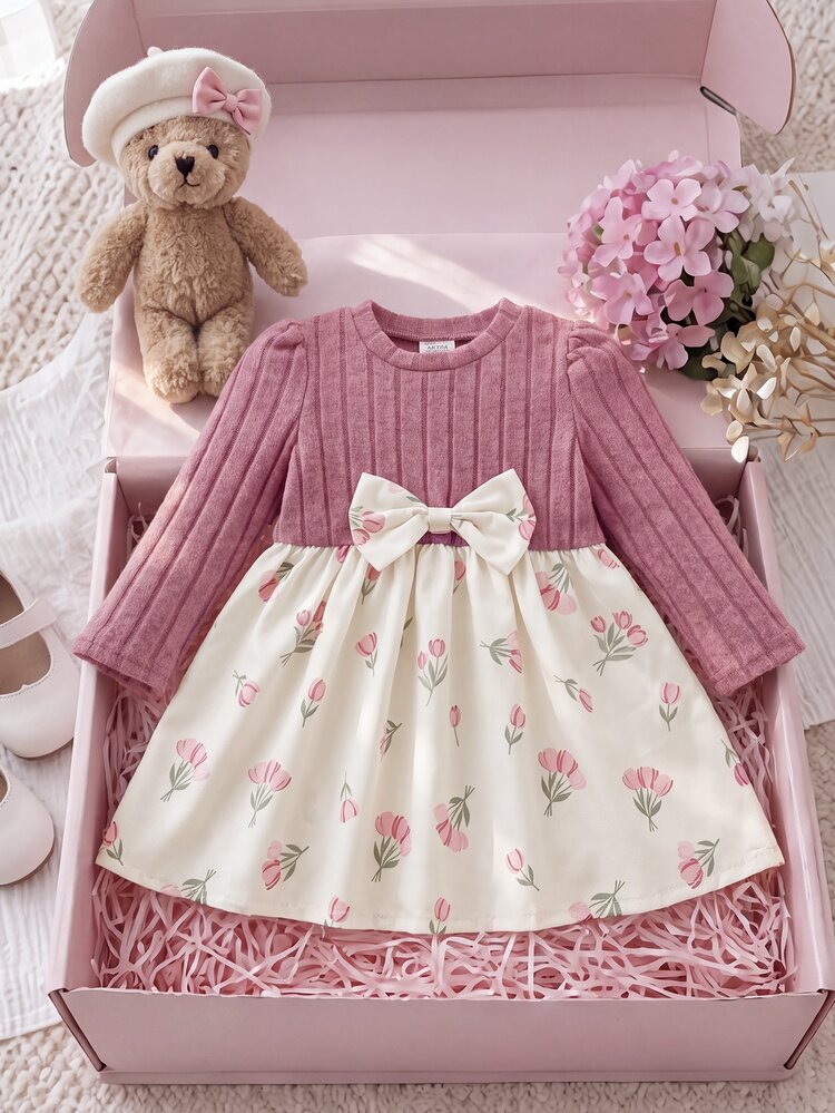 SHEIN Baby Girls Infant Casual Ditsy Floral Long Sleeve Ribbed Dress, Autumn - Pink - View 4
