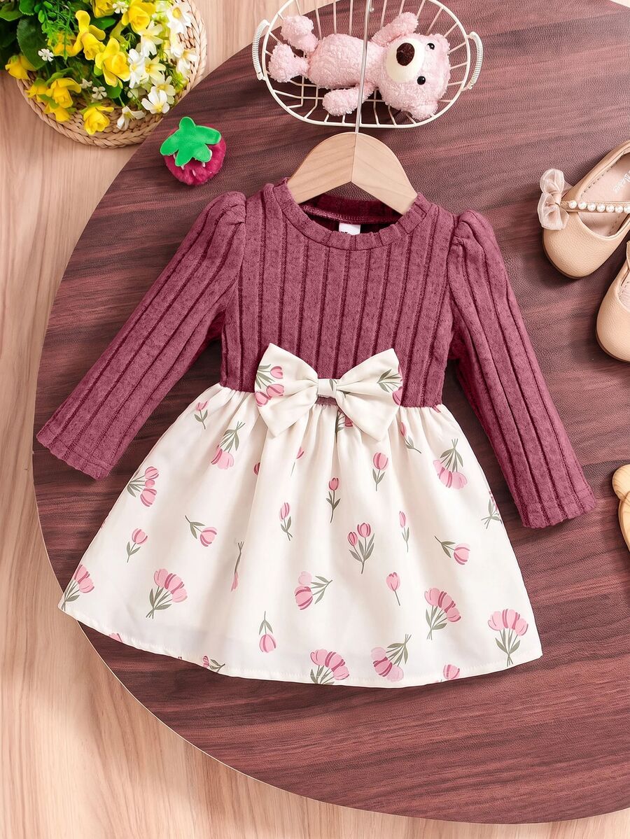 SHEIN Baby Girls Infant Casual Ditsy Floral Long Sleeve Ribbed Dress, Autumn