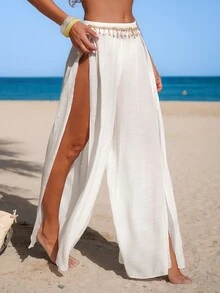 SHEIN Swim Vcay Women's Solid Color Shell & Starfish Decor Slit Design Casual Vacation Cover-Up Skirt - White - View 1