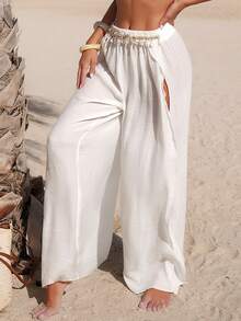 SHEIN Swim Vcay Women's Solid Color Shell & Starfish Decor Slit Design Casual Vacation Cover-Up Skirt - White - View 3