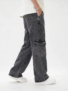 SHEIN Celana Panjang Denim untuk Anak Laki-Laki Remaja, Musim Panas, Lembut, Katun, Kasual, Modis, Serbaguna, Nyaman, Minimalis, Pinggang Elastis Penuh, Desain Kargo dengan Banyak Saku, Potongan Lurus Longgar, Celana Panjang Denim Hitam Abu-abu, Cocok untuk Pemakaian Sehari-hari dan Liburan - Hitam - View 5