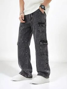 SHEIN Celana Panjang Denim untuk Anak Laki-Laki Remaja, Musim Panas, Lembut, Katun, Kasual, Modis, Serbaguna, Nyaman, Minimalis, Pinggang Elastis Penuh, Desain Kargo dengan Banyak Saku, Potongan Lurus Longgar, Celana Panjang Denim Hitam Abu-abu, Cocok untuk Pemakaian Sehari-hari dan Liburan - Hitam - View 3