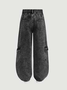 SHEIN Celana Panjang Denim untuk Anak Laki-Laki Remaja, Musim Panas, Lembut, Katun, Kasual, Modis, Serbaguna, Nyaman, Minimalis, Pinggang Elastis Penuh, Desain Kargo dengan Banyak Saku, Potongan Lurus Longgar, Celana Panjang Denim Hitam Abu-abu, Cocok untuk Pemakaian Sehari-hari dan Liburan - Hitam - View 8