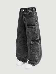 SHEIN Celana Panjang Denim untuk Anak Laki-Laki Remaja, Musim Panas, Lembut, Katun, Kasual, Modis, Serbaguna, Nyaman, Minimalis, Pinggang Elastis Penuh, Desain Kargo dengan Banyak Saku, Potongan Lurus Longgar, Celana Panjang Denim Hitam Abu-abu, Cocok untuk Pemakaian Sehari-hari dan Liburan - Hitam - View 9