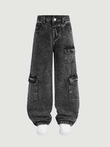 SHEIN Celana Panjang Denim untuk Anak Laki-Laki Remaja, Musim Panas, Lembut, Katun, Kasual, Modis, Serbaguna, Nyaman, Minimalis, Pinggang Elastis Penuh, Desain Kargo dengan Banyak Saku, Potongan Lurus Longgar, Celana Panjang Denim Hitam Abu-abu, Cocok untuk Pemakaian Sehari-hari dan Liburan - Hitam - View 7