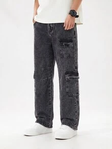 SHEIN Celana Panjang Denim untuk Anak Laki-Laki Remaja, Musim Panas, Lembut, Katun, Kasual, Modis, Serbaguna, Nyaman, Minimalis, Pinggang Elastis Penuh, Desain Kargo dengan Banyak Saku, Potongan Lurus Longgar, Celana Panjang Denim Hitam Abu-abu, Cocok untuk Pemakaian Sehari-hari dan Liburan - Hitam - View 6