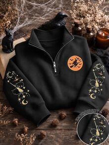 Resyla Halloween Witch Embroidery Quarter Zip Sweatshirt, Long Sleeve Pullover For Party Daily Holiday Occasions - Multicolor - View 5