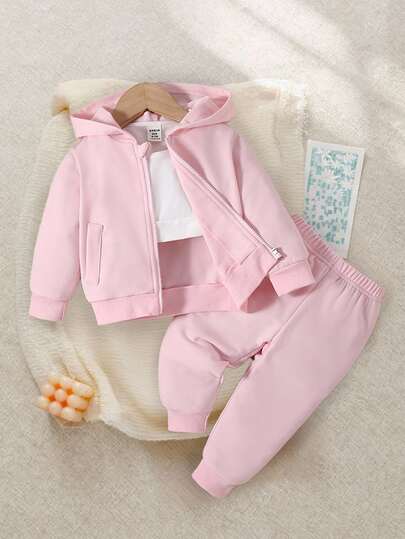 SHEIN Vintaside Kids 女嬰休閒連帽外套與長褲套裝，可愛拉鍊梭織配色，隨性混搭易打理，柔軟大膽時尚，秋季款