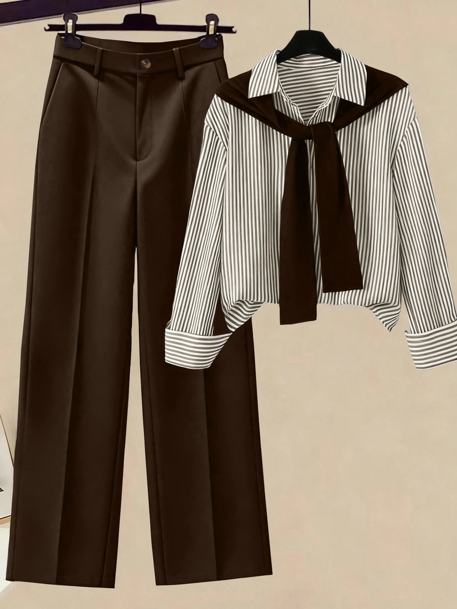 Zovinel 2pcs/Set Women's Striped Shawl Collar Shirt And High Waist Wide Leg Pants, Spring/Autumn - Coffee Brown - View 1