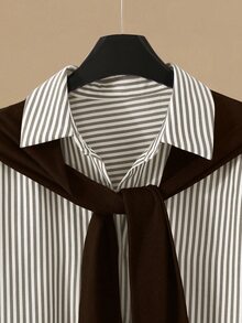 Zovinel 2pcs/Set Women's Striped Shawl Collar Shirt And High Waist Wide Leg Pants, Spring/Autumn - Coffee Brown - View 4